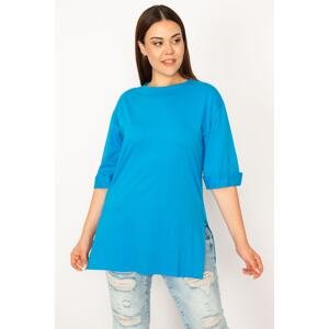 Şans Women's Plus Size Blue Double Sleeves Slit Blouse