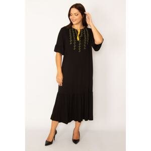 Şans Women's Plus Size Black Embroidery Detailed Long Dress with Tiered Hem