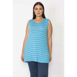 Şans Women's Large Size Blue V-Neck Viscose Striped Blouse