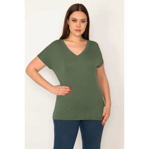 Şans Women's Plus Size Khaki V-Neck Short Sleeve Basic Blouse