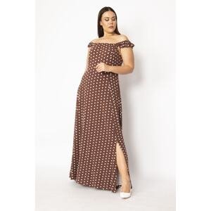 Şans Women's Plus Size Brown Striped Collar Elasticated Points Pattern Long Dress