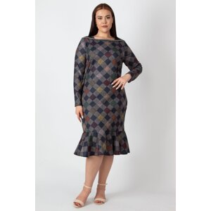 Şans Women's Plus Size Navy Blue Checkered Collar Detailed Hem with Flounces Dress