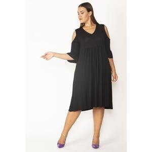 Şans Women's Plus Size Black Viscose Dress With Decollete, Bust Gathering And Flounces Detail.