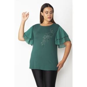Şans Women's Plus Size Green Viscose Blouse with Chiffon Ruffles on the Front and Stone Print