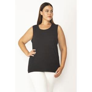 Şans Women's Plus Size Black Cotton Fabric Crew Neck Sleeveless Blouse