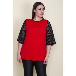 Şans Women's Plus Size Red Viscose Blouse with Flocked Sleeves and Tulle Detail