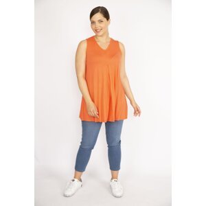 Şans Women's Orange Plus Size V-Neck Front A Pleat Blouse