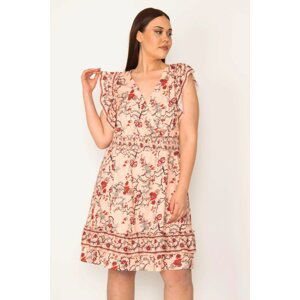Şans Women's Plus Size Colorful Multi-layered Dress with an Elastic Waistband, Wrapped Collar, Ruffled Sleeves and Hem.