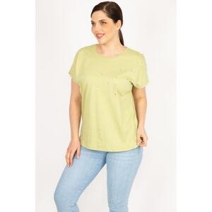 Şans Women's Green Plus Size Cotton Fabric Stone Detail Blouse