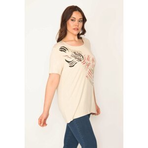 Şans Women's Plus Size Beige Sequin and Stone Detailed Printed Blouse
