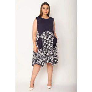 Şans Women's Large Size Navy Blue Floral Pattern Combination Viscose Dress