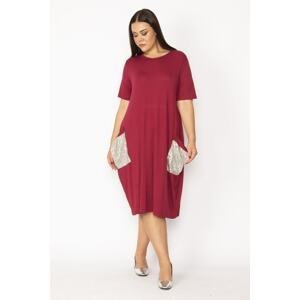 Şans Women's Plus Size Burgundy Pocket Sequin Detail Viscose Dress