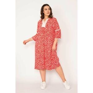 Şans Women's Plus Size Red Lace Detailed Woven Viscose Fabric Dress