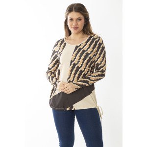 Şans Women's Plus Size Milky-brown Patterned Blouse with a Lace-up Hem