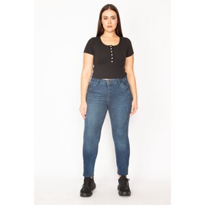 Şans Women's Plus Size Navy Blue Jeans with Side Stitching Detailed, Washing Effect and 5 Pockets