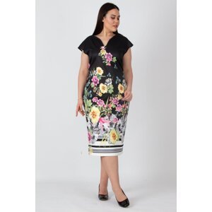 Şans Women's Plus Size Black V-Neck Floral Patterned Dress