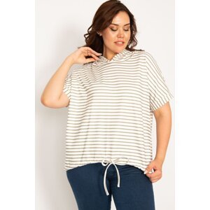Şans Women's Plus Size Khaki Hooded Striped Sweatshirt