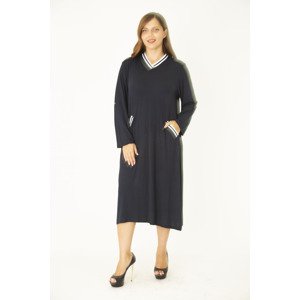 Şans Women's Plus Size Navy Blue Ribbed Detail V-Neck Sleeve Length Adjustable Pocket Dress