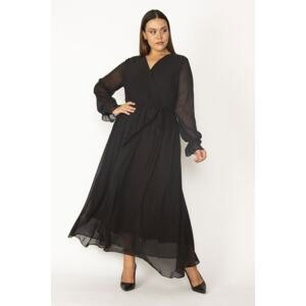 Şans Women's Plus Size Black Chiffon Fabric Lined Sleeves Gathered Waist Belted Wrap Dress