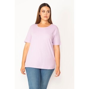 Şans Women's Plus Size Lilac Cotton Fabric Crewneck Short Sleeve Blouse