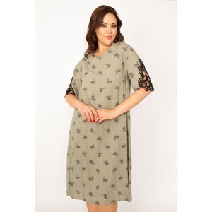 Şans Women's Plus Size Khaki Woven Viscose Dress With V-Neck Lace Detail