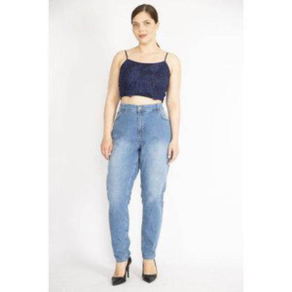 Şans Women's Plus Size Blue High Waist 5 Pockets Lycra Jeans Pants