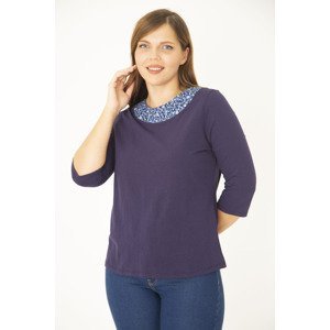 Şans Women's Plus Size Navy Blue Cotton Fabric Collar Detailed Blouse