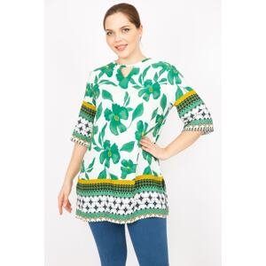 Şans Women's Green Large Size Woven Viscose Fabric Water Patterned Tunic