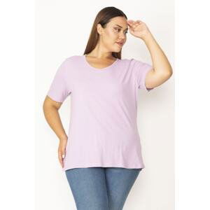 Şans Women's Plus Size Lilac Cotton Fabric V-Neck Short Sleeve Blouse