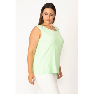 Şans Women's Plus Size Green Cotton Fabric Crewneck Tank Top