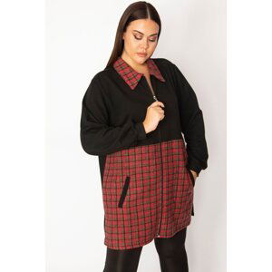 Şans Women's Plus Size Burgundy Plaid Pattern Detailed Zippered Pocket Coat