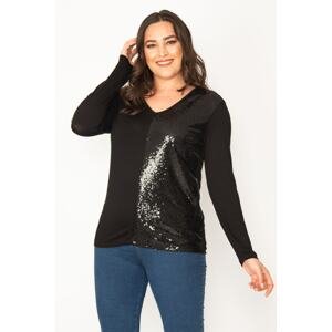 Şans Women's Plus Size Black Half V-Neck Blouse with Sequin Detail