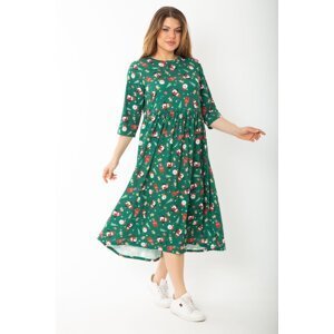 Şans Women's Plus Size Green Christmas Patterned Waist Gathered Capri Sleeve Dress