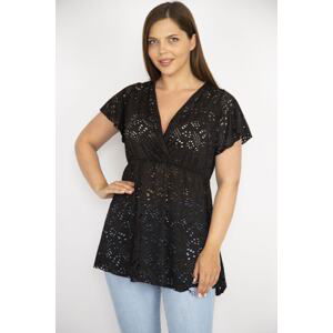 Şans Women's Black Plus Size Perforated Fabric Wrap Collar Blouse