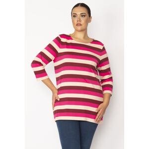 Şans Women's Plus Size Fuchsia Crew Neck Striped Tunic