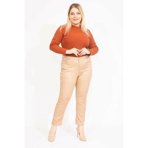 Şans Women's Beige Plus Size Crowbarn Pattern Lycra 5 Pockets Trousers