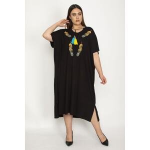 Şans Women's Plus Size Black Dress with Embroidery Detail and Side Slits