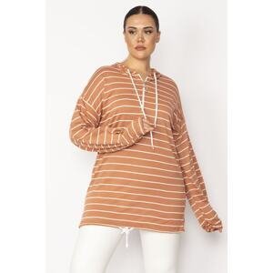 Şans Women's Large Size Tan Front Placket Zippered Eyelet and Lace Detailed Hooded Striped Tunic