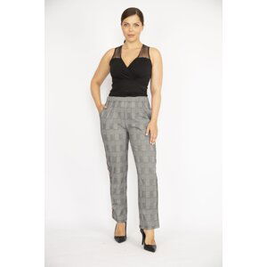 Şans Women's Gray Plus Size Checkered Elastic Waist And Side Stripe Detailed Trousers