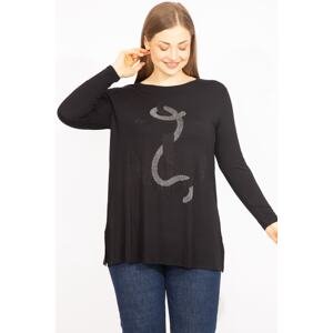 Şans Women's Black Plus Size Silvery Detailed Long Sleeve Blouse