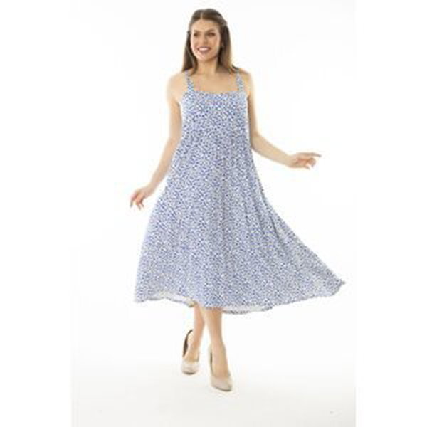 Şans Women's Plus Size Blue Strapless Floral Print Dress with Pleats at the Waist