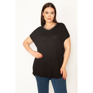 Şans Women's Plus Size Black Collar Lace And Stone Detailed Viscose Blouse