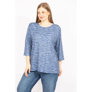 Şans Women's Navy Plus Size Crew Neck Capri Sleeves Patchwork Blouse