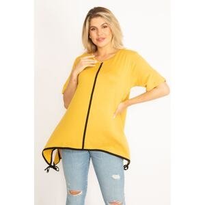 Şans Women's Plus Size Mustard Piping Detailed Tunic with a Lace-Up Hem