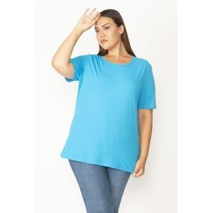 Şans Women's Plus Size Turquoise Cotton Fabric Crewneck Short Sleeve Blouse
