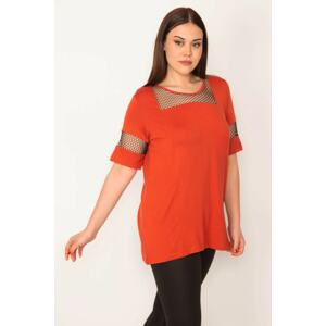 Şans Women's Plus Size Orange Mesh Detailed Viscose Blouse