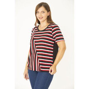 Şans Women's Plus Size Black Crew Neck Striped Combination Blouse