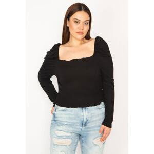 Şans Women's Plus Size Black Body Part Gipe Elastic Carmen Collar Long Sleeve Crop Blouse