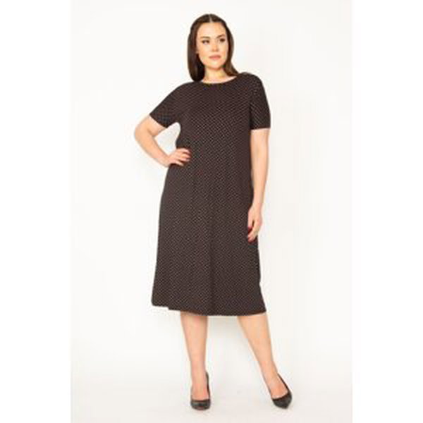 Şans Women's Large Size Black Floral Print Short Sleeve Viscose Dress