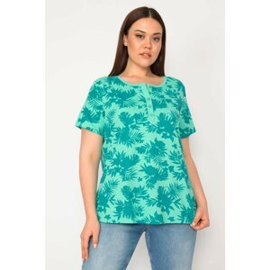 Şans Women's Plus Size Green Cotton Fabric Ribbed Stitched Paw Button Blouse